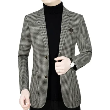 남성용 격자 무늬 블레이저 재킷, 남성 비즈니스 캐주얼 정장 코트, 하이 퀄리티 남성 용수철 슬림 블레이저 재킷 코트, 4XL, 새로운 패션