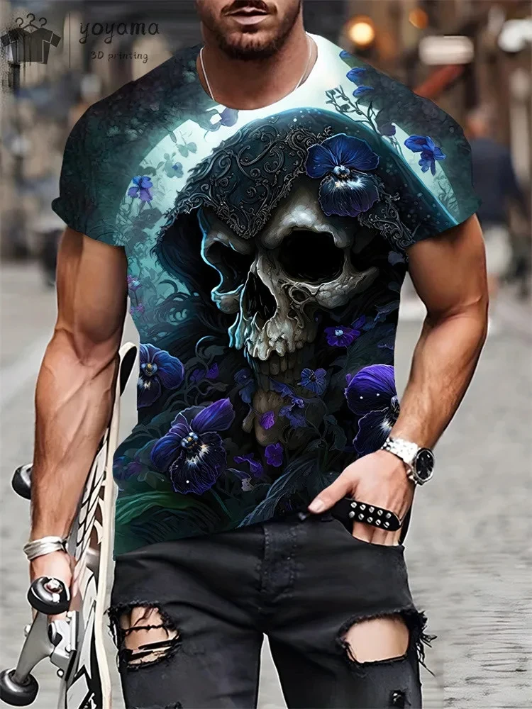 Mens Oversized 3D Skull Print T-Shirt - Summer Horror Fashion Tee