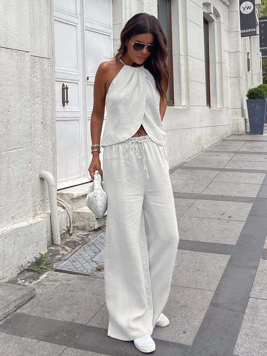 Marthaqiqi Sexy Ladies Nightwear Suit Halter Tank Tops Sleepwear Backless Pajamas Sleeveless Nightgowns Pants Summer Nightie Set
