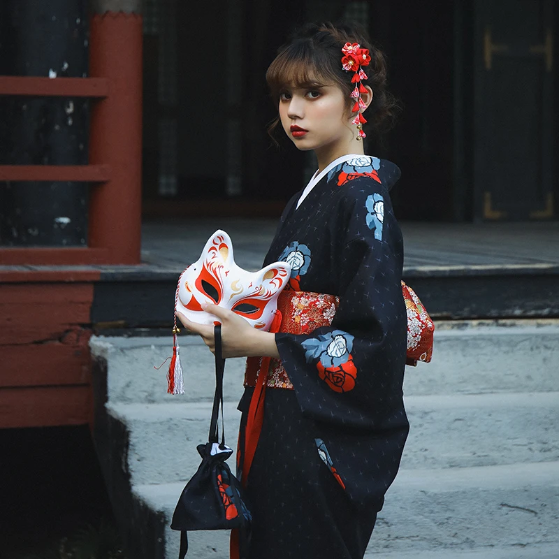 Japanese Women Original Yukata Dress Traditional Kimono Performance Dance Costumes Black Color Two Sizes