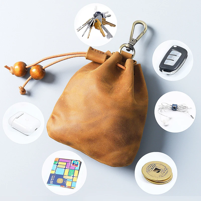 Handmade Genuine Leather Unisex Coin Purse Portable Money Pocket with Metal Hook Retro Drawstring Wallet Storage Bag