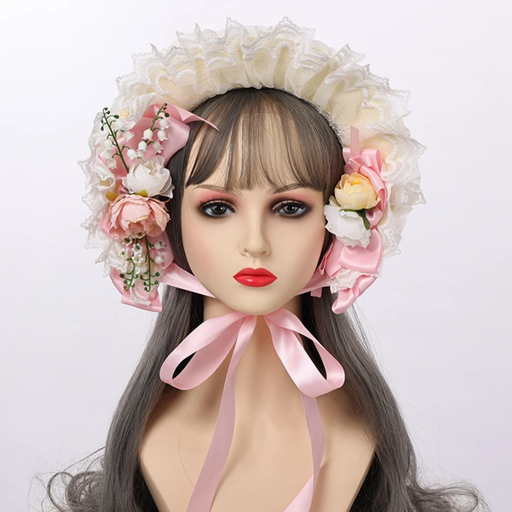 

Girl Lolita Bonnet Hat Vintage Victorian Lace Flowers Straw Hat