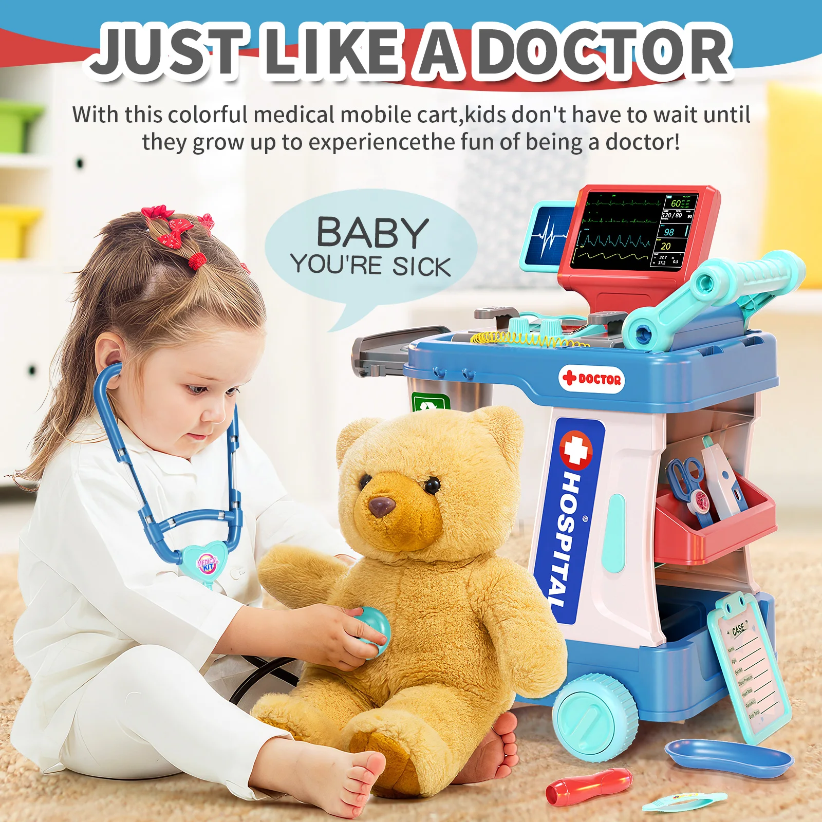 Children's Doctor Toy Simulation Tool Set for Girls with Luggage Rolling Case to Play as Nurse and Give Injections with Stethosc 2