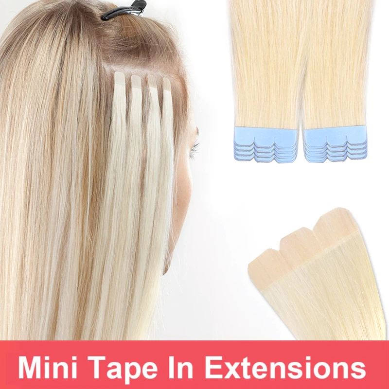 MRS HAIR Mini Tape in Hair Extensions Human Hair Natural Hair Extentions Blonde 3x0.8cm Tape Weft Tape Ins 10pcs/pack Add Volume