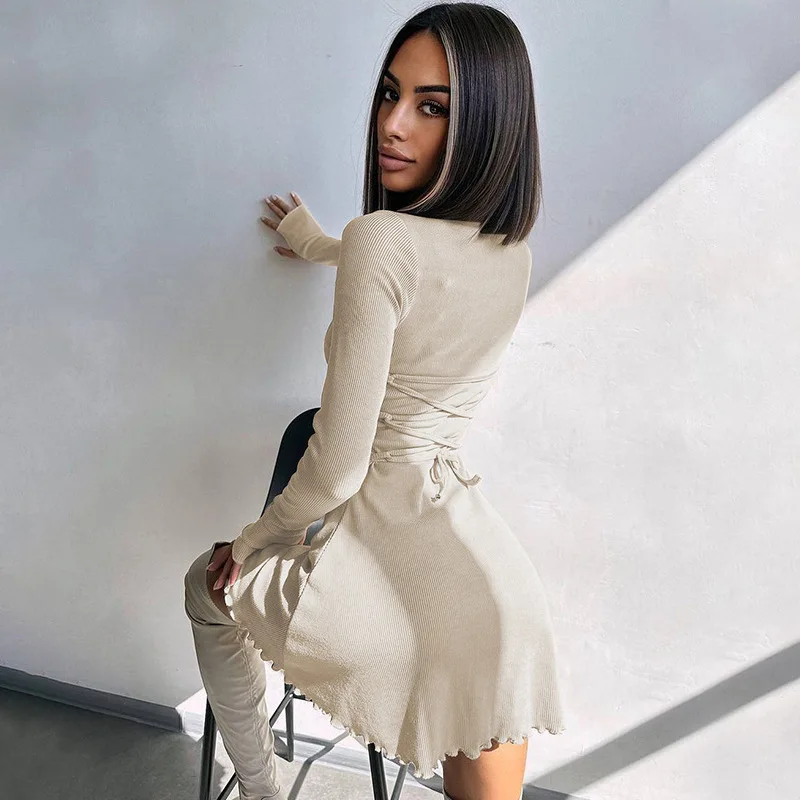Bandage Ruffled High Waist Mini Dress For Women Long Sleeve Fashion Lace-Up Solid Patchwork Autumn 2025 Bodycon Dress New