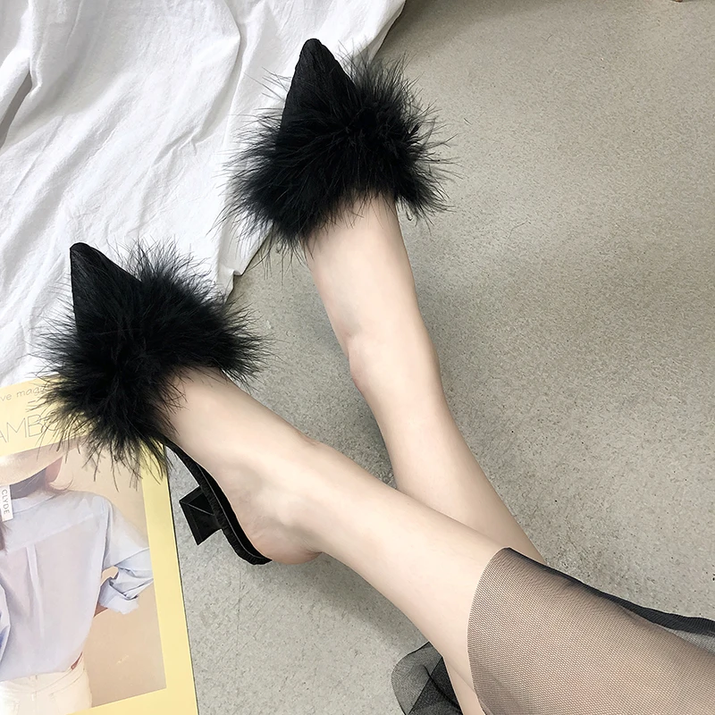 new women's set toe-shaped non-slip high heels fashion rubber bottom elastic cloth summer shallow fur shoes