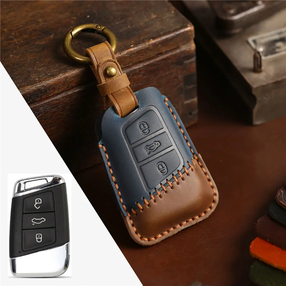

Handmade Genuine Leather Car Smart Key Case Holder Cover For VW Volkswagen Passat B8 CC Magotan For SKoda A7 Octavia Superb
