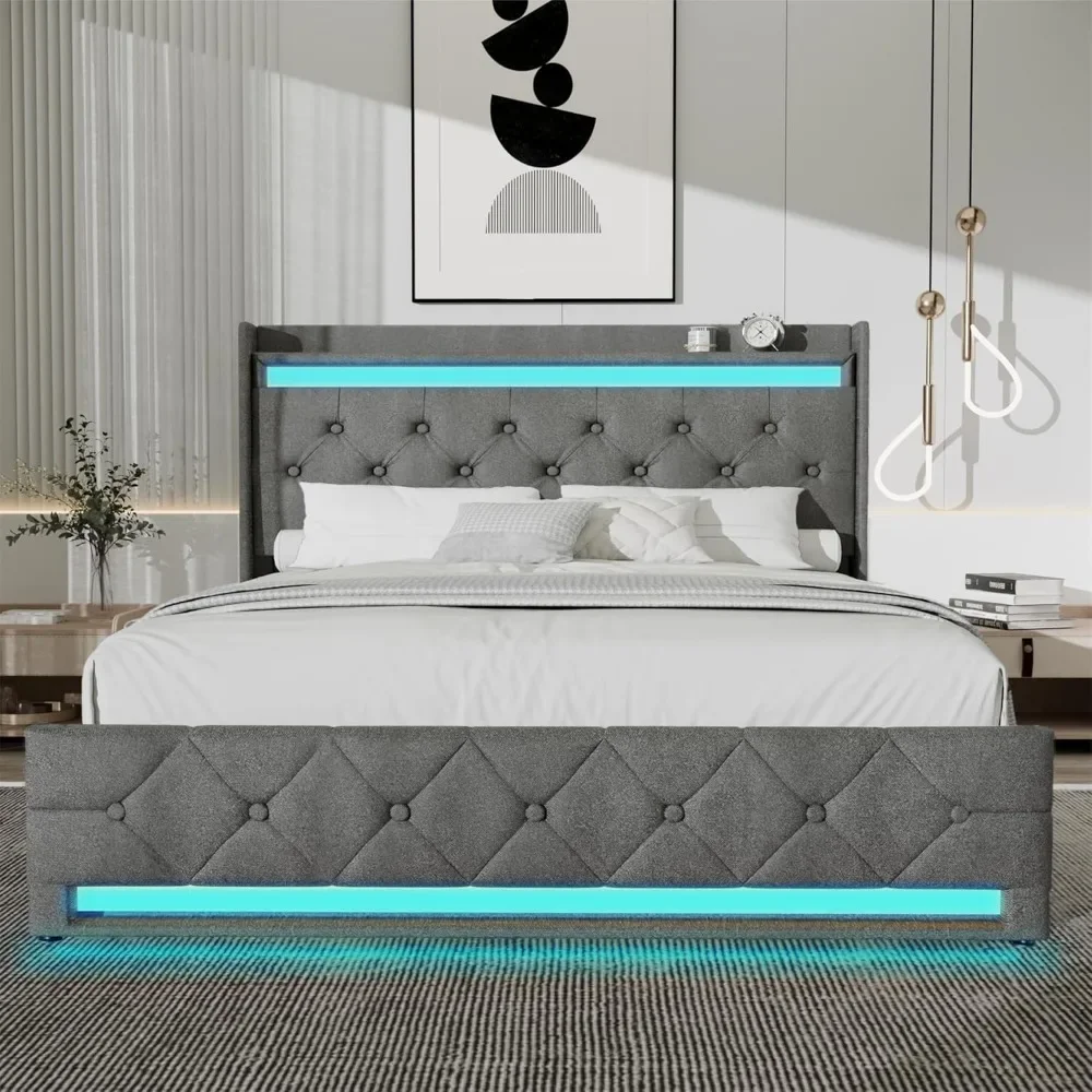 Bed Frame with Headboard, Platform Bed Frame with LED Lights&4 Storage Drawers, Button Tufted Fabric Upholstered Headboard 4