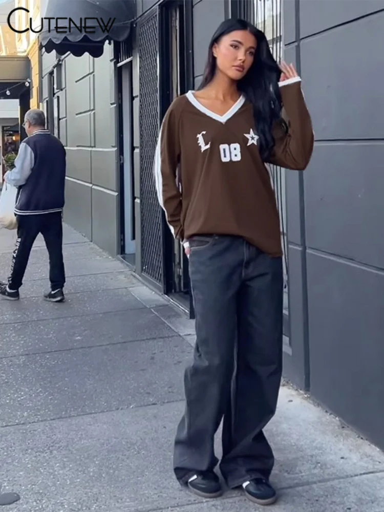 Football Track Women T-shirts Autumn Printed Striped Long Sleeve V-neck Oversized Tops Female Active Casual Streetwear