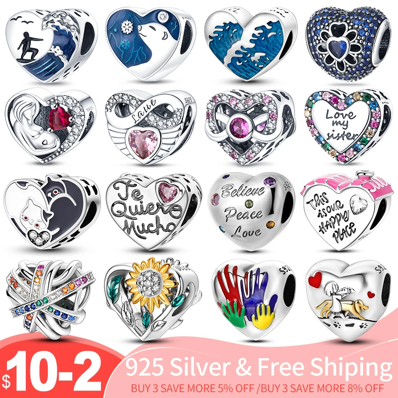 

925 Silver color zircon heart charm bead fit pandora 925 original bracelet women silver pendant beads new in multi pattern heart