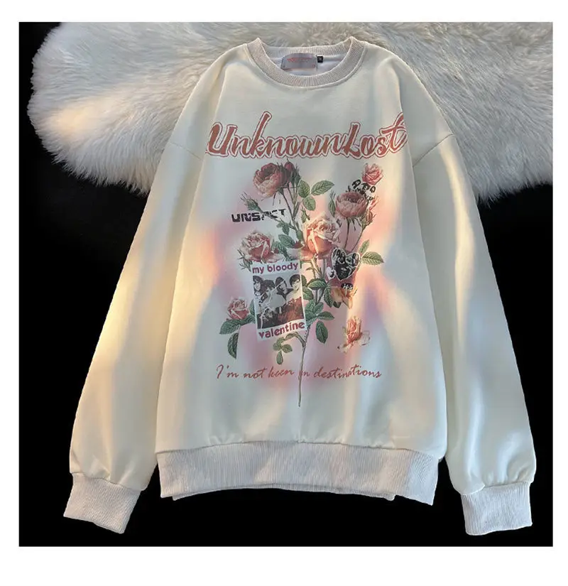 

Rose Letter Print Vintage American Crewneck Sweatshirt Women Couple Harajuku Shirt Casual Hoodies for Teens Thin Autumn 2022 Top