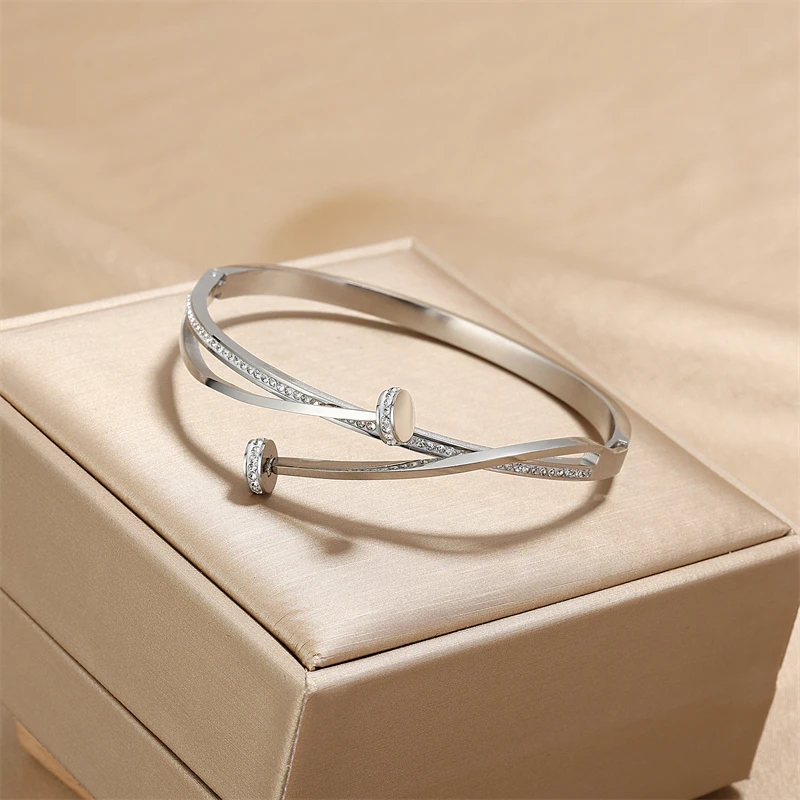 Double Crystal Nail Head Cross Stainless Steel Bracelet For Woman Silver Color Love Wedding Gift Bangle Jewelry