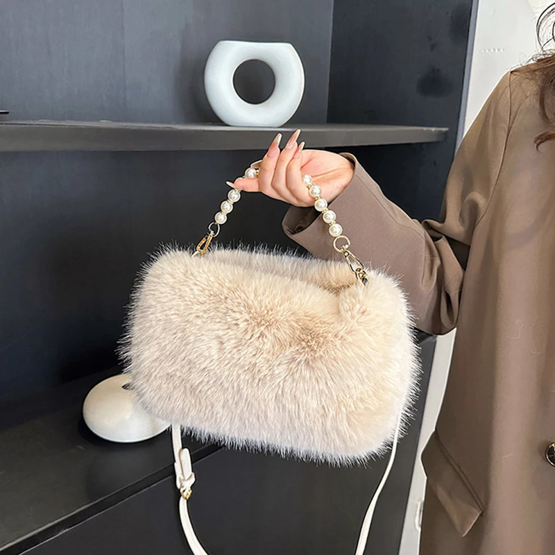 Winter Fashion Women's Faux Fur Shoulder Bags Candy Color Pearl Handle Ladies Crossbody Bag Small Fluffy Female Handbags Purses