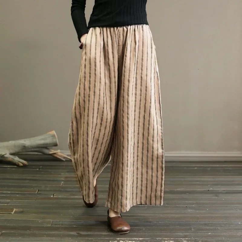Damen hose Sommer Vintage Baumwolle und Leinen gestreifte Hose mit weitem Bein dünn drapiert lässig gerade neun Hosen Freizeit hose – Detail 6