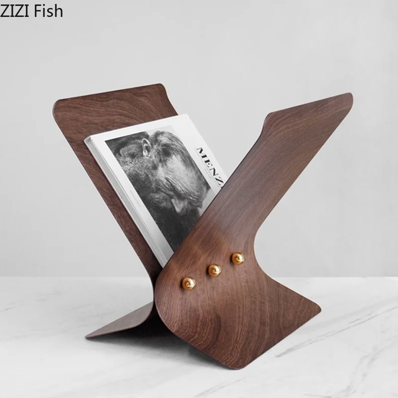 Walnut Wood Grain Metal Bookshelf File Book Organizer Shelves X-shape Magazine Racks Book Holder Room Decor