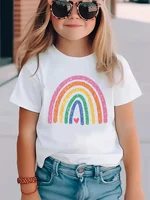 Summer Baby Girl White Clothes Kid Girls Casual Rainbow Printed T-shirts Children Fashion Crew Neck Short Sleeve Top 1
