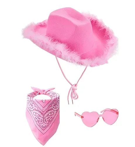 3PC Cowboy Decoration Set  Women Pink Cowgirl Fluffy Cowboy Glitter Hat Carnival Costume Accessory for Party Wear Ha