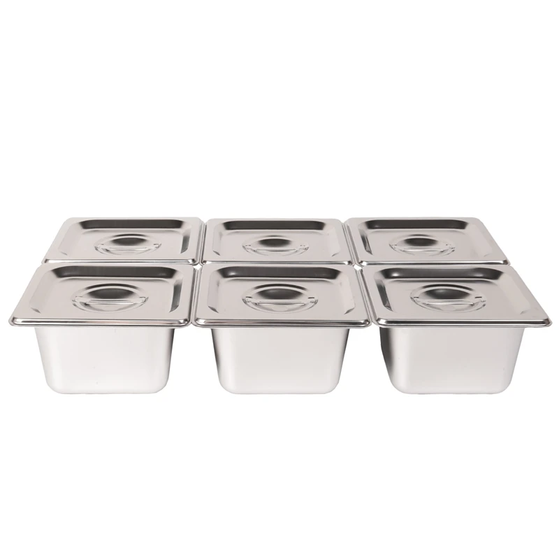 

6 Pack Anti-Jam Slotted Hotel Pans With Lids, 1/6 Size 4 Inch Deep, Commercial 18/8 Stainless Steel Steam Table Food Pan