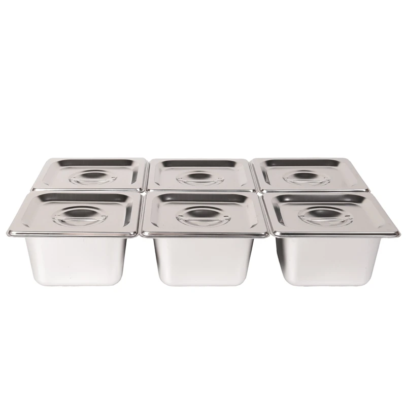 6Pack Square Basin With Cover Stainless Steel Commercial Buffet Basin 17cm Restaurant Seasoning Box Steam Table Pan 1/6 Food Pan