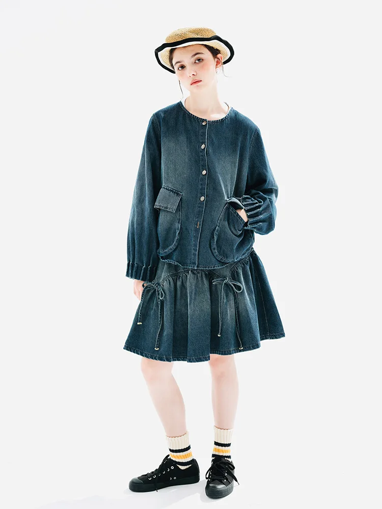 IMAKOKONI 오리지널 디자인 블루 데님 재킷, 포켓 긴팔 가디건, 오래된 여성 상의, 가을 겨울 234239