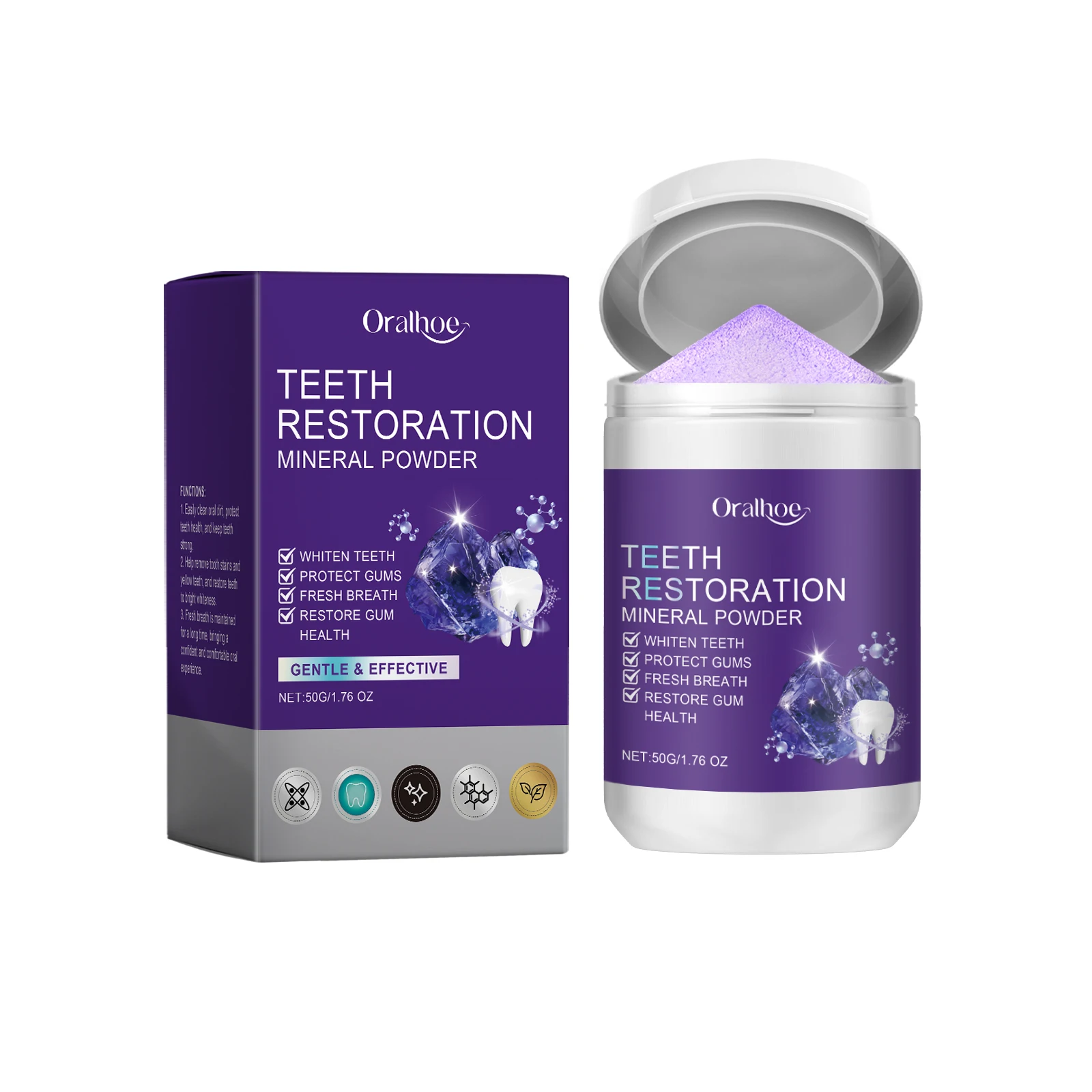 Teeth Restoration Mineral Powder Tooth Whiter Remove Stain Oral Clean Fresh Breath Improve Smell Purple Bleaching Toothpaste
