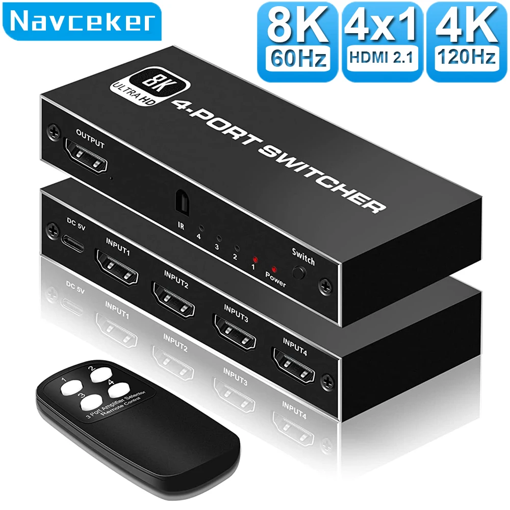 Navceker 8K Hdmi 2.1 Switcher Selector 4K 120Hz Hd Switch Splitter Hdmi 4 In 1 Out 3 In 1 Out Per Laptop Pc Switch Tv Box Ps5