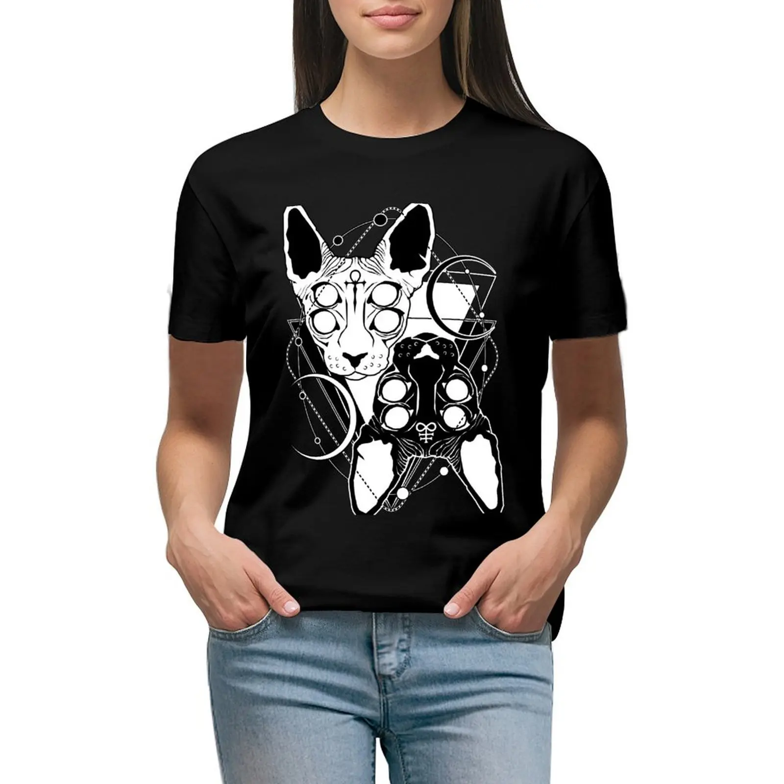 

Sphynx cats with ankh and Leviathan cross symbols T-Shirt sublime aesthetic clothes sweat t-shirts for Women loose fit