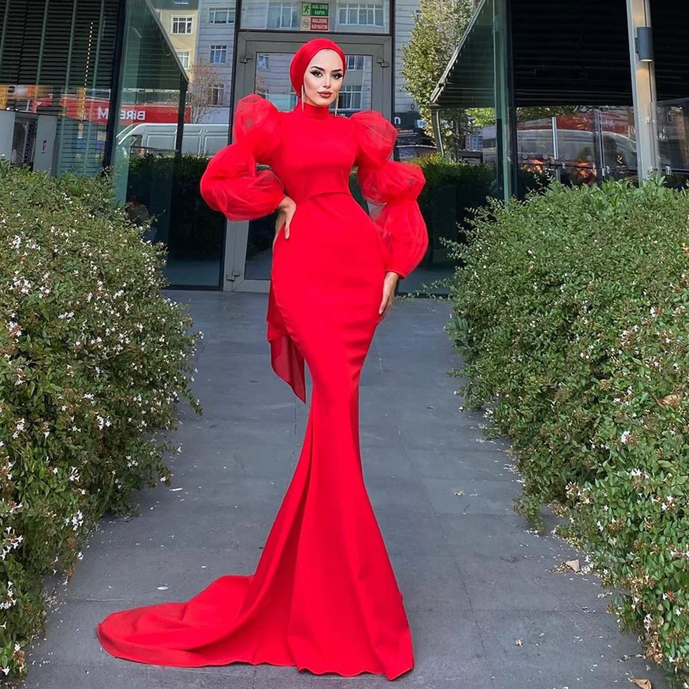 

Sevintage Modest Red Mermaid Prom Dresses Long Sleeves High-Neck Arabic Muslim Evening Dress Turkish Formal Party Gowns 2023