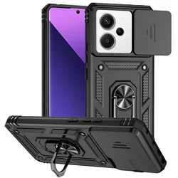 Shockproof Magnetic Case with Slide Camera Lens and Ring Stand Protect Cover for Redmi NOTE14 PRO 5G (Black)