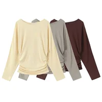 2026 new women's clothing style simple long sleeved round neck long sleeved slim fit side pleated T-shirt