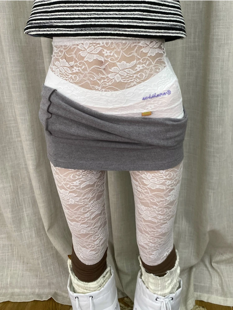 HOUZHOU Sexy Lace Pants Skinny Leggings Women See-through White High Waist Mesh Trousers Hollow Out Gyaru Streetwear Pantyhose