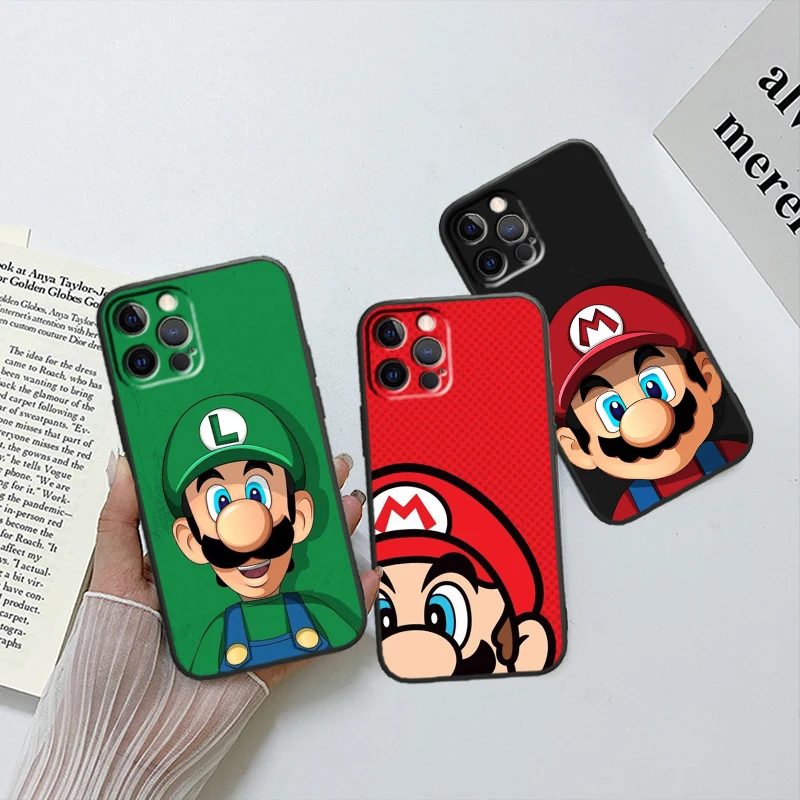 Casing ponsel hitam Super Mario, sarung HP kartun lucu Apple