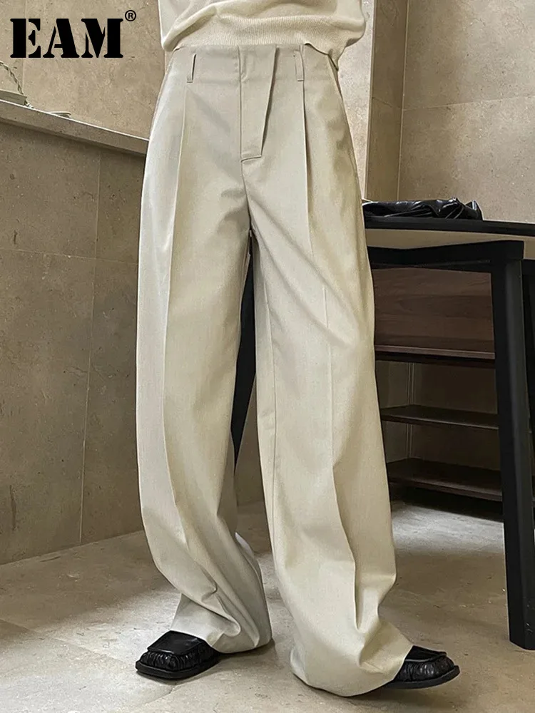 

[EAM] High Waist Oat Color Pleated Long Wide Leg Pants New Loose Fit Trousers Women Fashion Tide Spring Autumn 2024 1DF4434