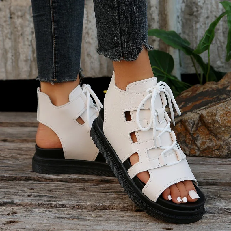 Wedge Heel Thick-Soled Roman Shoes Leather Sandals Summer New Fish Mouth Peep Toe Shoes Women's Sandals