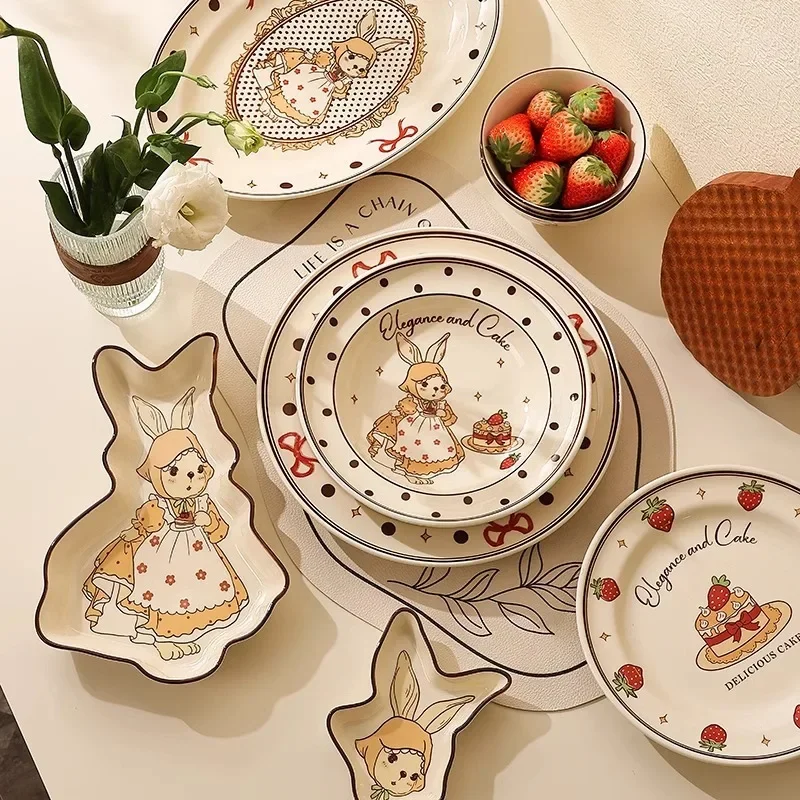 French Retro Hepburn Rabbit Tableware,Home Fairy Tale Fairyland Cartoon Ceramic Dish Set,Romantic and High-end Housewarming Gift