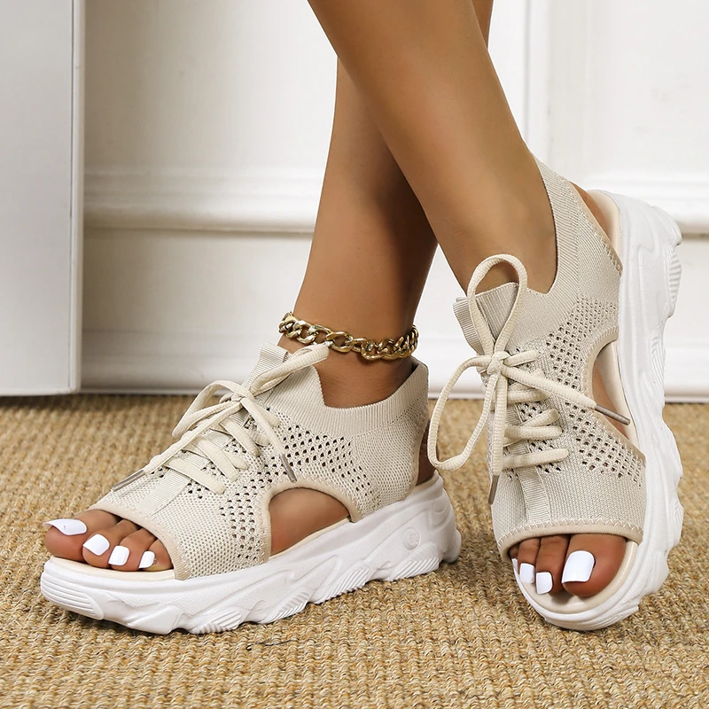 Women Sandals Summer Mesh Casual Shoes Thick-Soled Lace-Up Open Toe Beach Shoes