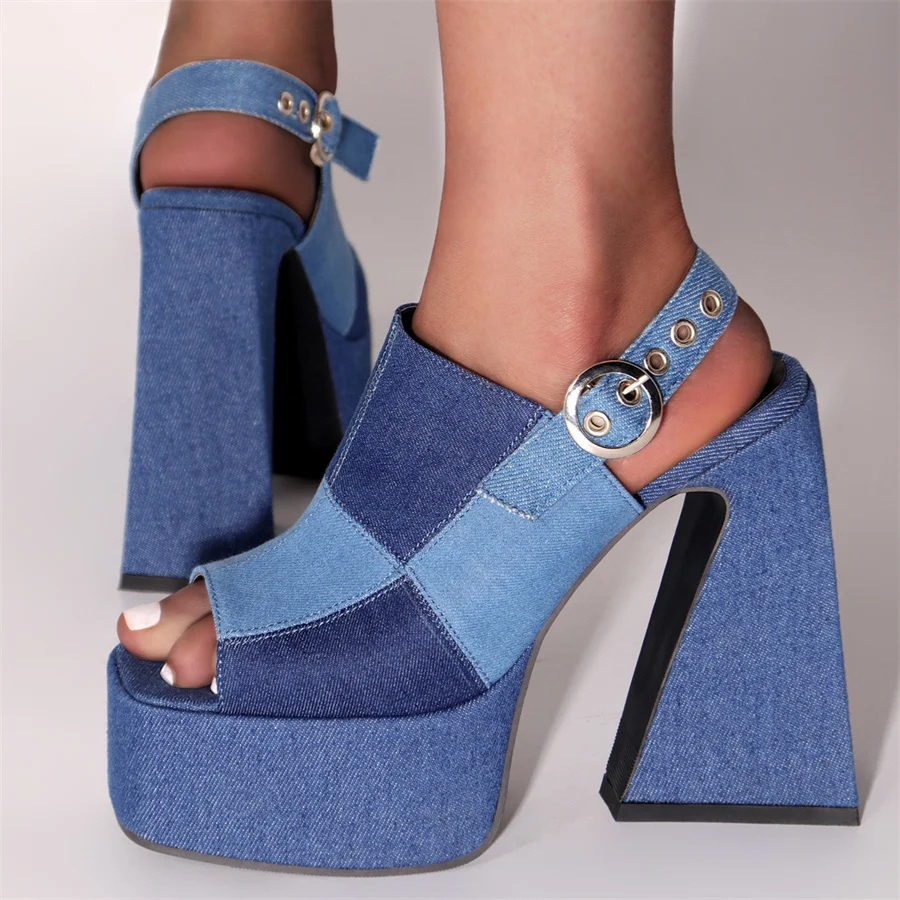 

High Heels Platform Women Sandal 2023 Summer Fashion Denim Sexy Sandal 40-43 Peep Toe Square Toe Big Size Dress Party Shoes