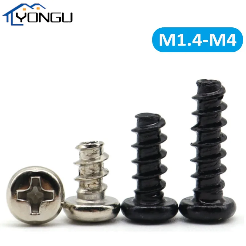 

Mini Nickel Plated Phillips Pan Round Head Flat End Self Tapping Screw Black Carbon Steel Cross Recess Screw Bolts M1.4 M1.7 M2