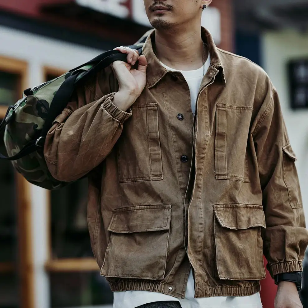 

Men's Fashionable Casual Retro Oversize Cargo Jackets, Spring and Autumn Safari Style Multi Pocket Loose Versatile Outerwear