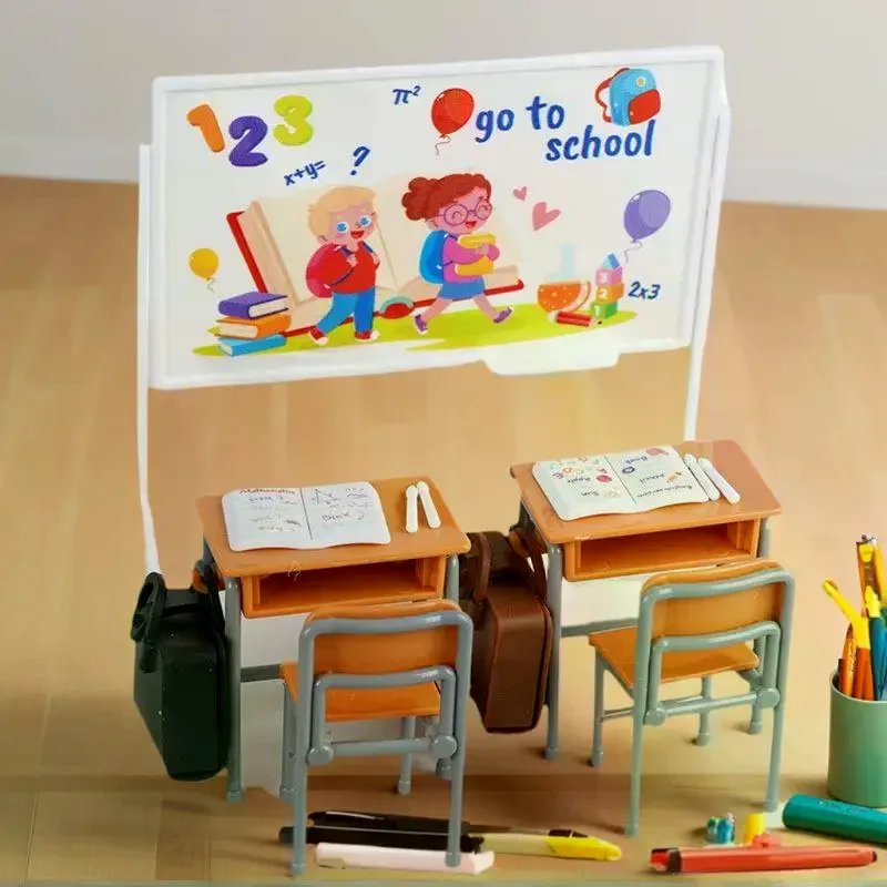 Classic 1:12 Dollhouse Miniature Classroom Furniture with Desk, Blackboard and Book Bag; Perfect for Toy Collection