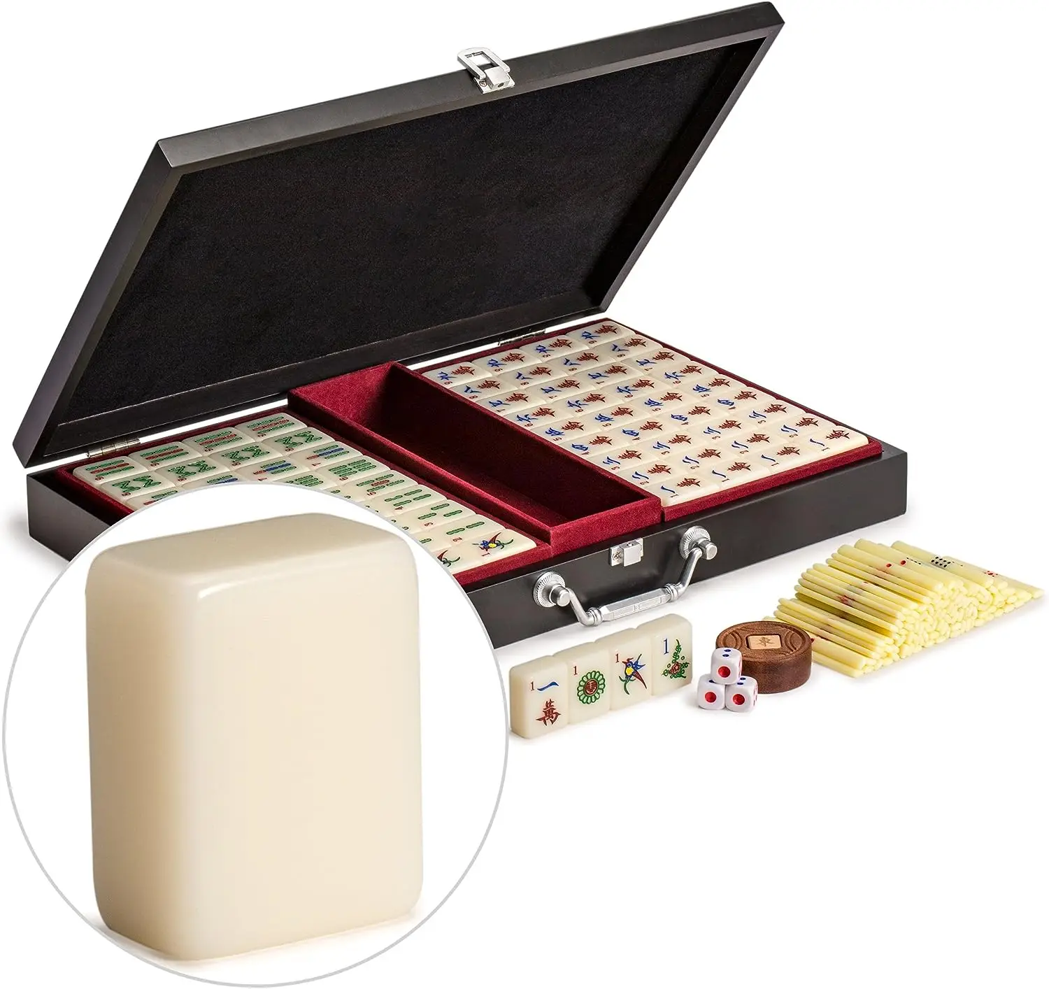 

Professional Chinese Mahjong Game Set, Set - with 148 Medium Size Tiles and Wooden Case, Wooden Spinner, Dice, and Betting Stic