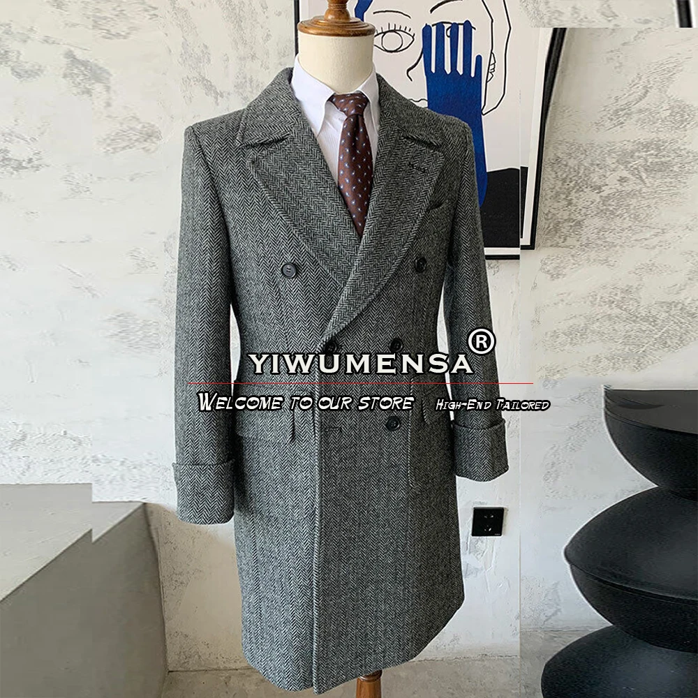

Autumn/Winter Trench Men Coats Grey Herringbone Tweed Wollen Blend Double Breasted Suit Jackets Outwear Groom Wear Overcoat Long