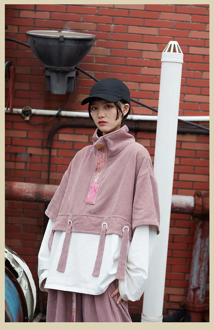 Autumn Casual Fashion Sets Womens Stitching Fake Two-piece Pullover Loose Corduroy Wide-leg Pants Drape Bloomers Two Piece Suits