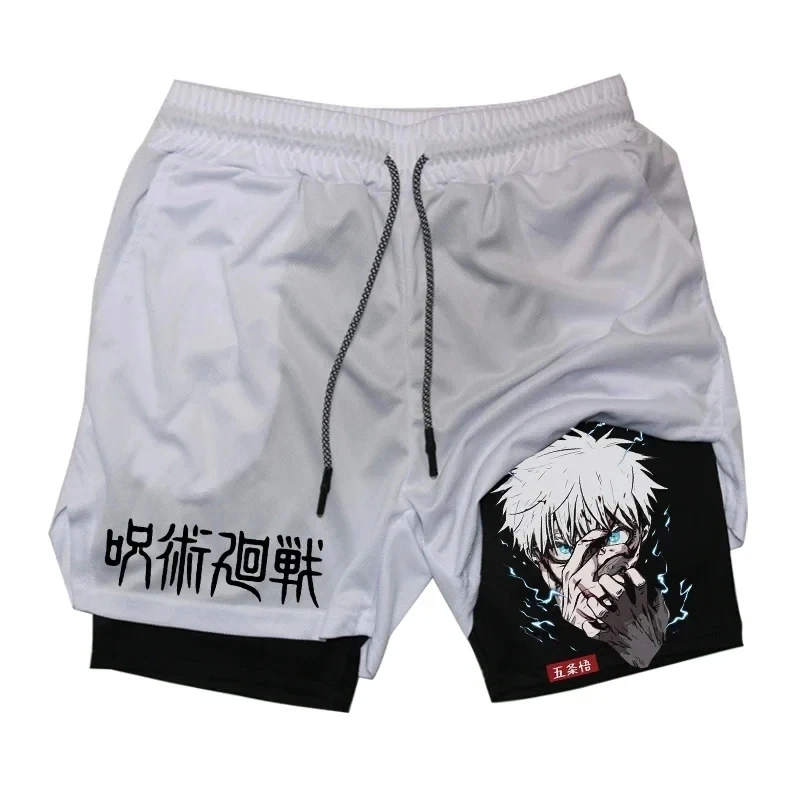 Anime Jujutsu Kaisen Compression Shorts for Men, Quick Dry Athletic Shorts, Pocket Performance, Gym, Workout, Fitness, 2 in 1