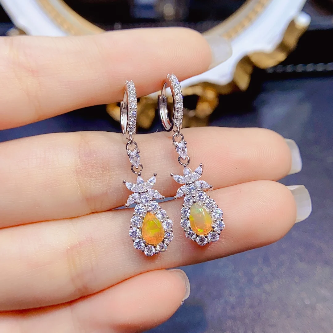 

925 Sterling Silver Classical Natural Orange Fire Opal Long Dangle Drop Earrings For Women Ear Studs S925 Fine Jewelry Gift