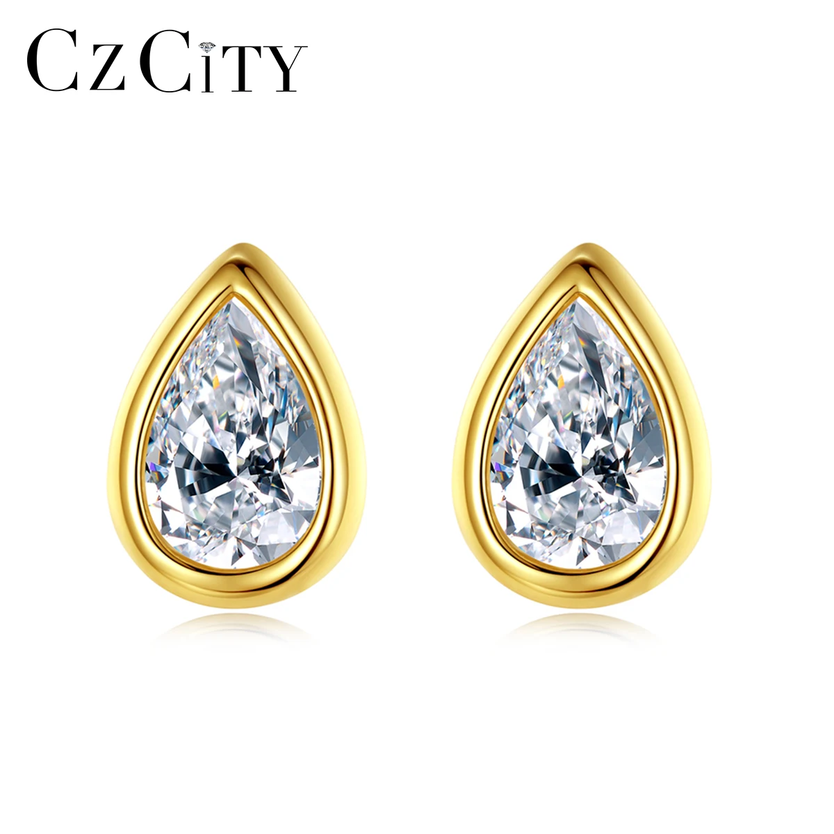 

CZCITY 925 Sterling Silver Tear Drop Stud Earrings Women Classic Bezel Setting Minimalism Korean Style Water Drop CZ Accessories