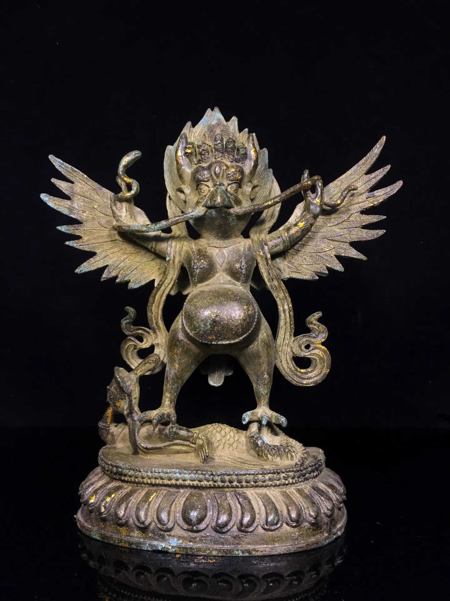 

11"Tibetan Temple Collection Old Bronze Cinnabar Mud gold GARUDA Garuda Dhwaja Dharma Protector Buddha Worship Hall Town house