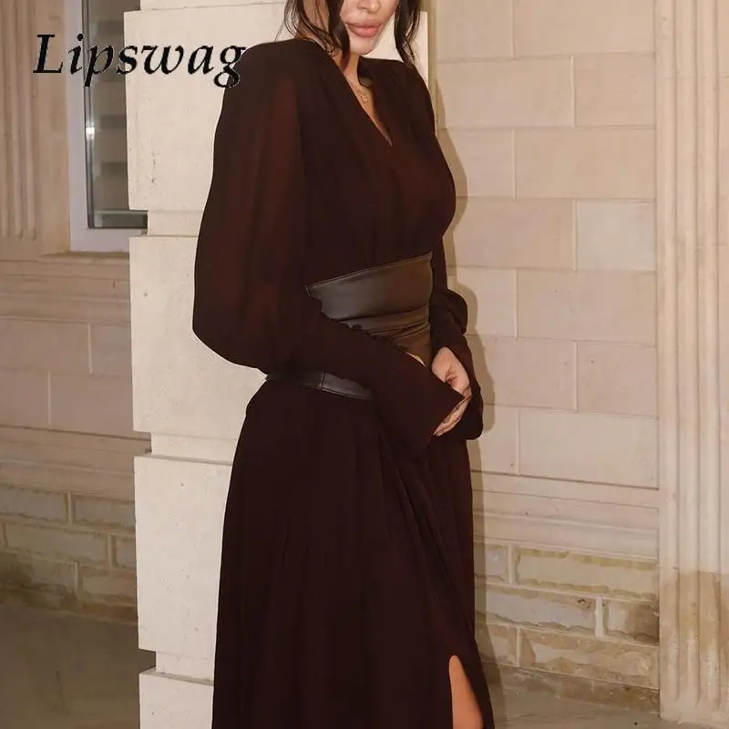 Women Casual Girdling Autumn Retro Maxi Dress Vintage High Split Pleats Holiday Fashion Long Sleeve Big Hem Party women maxi dress