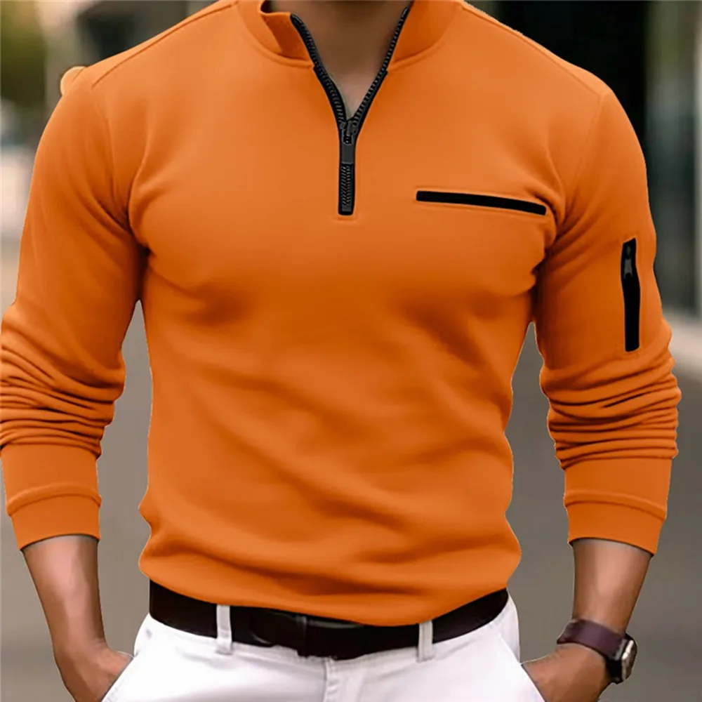 Spring Autumn Men's POLO Shirt Solid Color Zipper Everyday Casual Classic Comfort Fake Pockets High Quality Long Sleeve Tops 2