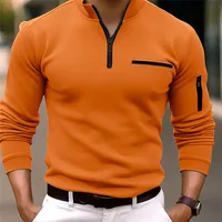Spring Autumn Men's POLO Shirt Solid Color Zipper Everyday Casual Classic Comfort Fake Pockets High Quality Long Sleeve Tops 2